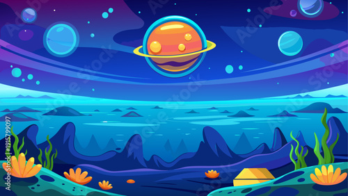 Cartoon vector illustration of underwater horizon blending into deep blue space minimal flat design