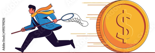 Man chasing rolling dollar coin with net