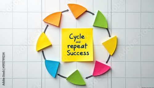 Colorful pie chart segments arranged in circle with arrows showing process. Yellow sticky note in center reads Cycle and repeat Success, suggesting business strategy or personal development plan.