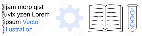 Science, education, innovation, research, laboratory studies, biology. Open book, DNA test tube and gear icon with placeholder text. Science and education concept with research and innovation focus