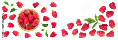 raspberries in wooden bowl with leaves isolated on white background with copy space for your text. Top view. Flat lay pattern
