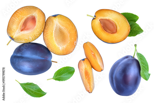 fresh blue plum and half with leaves isolated on white background with copy space for your text. Top view. Flat lay