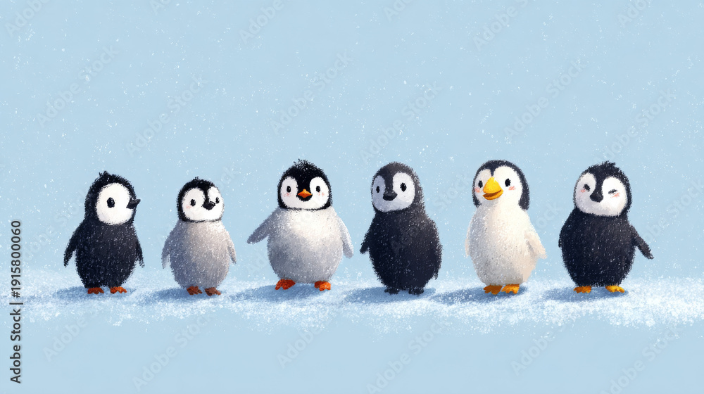 Fototapeta premium Cute penguins standing together on snowy Antarctic ice