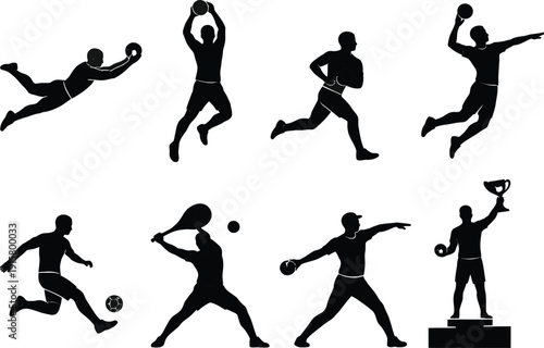 Vector silhouette set of eight diverse athletes engaged in various sports actions, including running, throwing, catching, and serving, isolated on a white background.