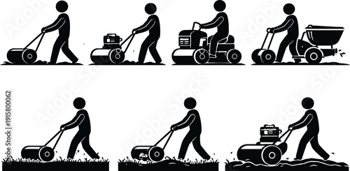 Vector black icons depicting various lawn care activities including mowing with different types of mowers and spreading fertilizer, isolated on transparent background.