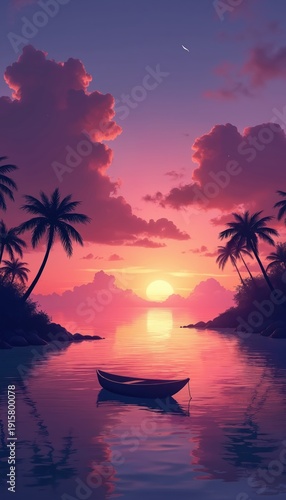 Vibrant sunset over calm tropical ocean lagoon with silhouetted palm trees on shore. Lone boat drifts on purple pink water reflecting colorful sky. Peaceful island evening.