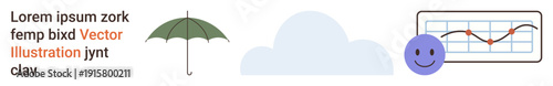 Weather trends, data analysis, climate services, meteorology, forecasting, positivity. Umbrella, cloud happy face graph. Weather trends and data analysis in visual form