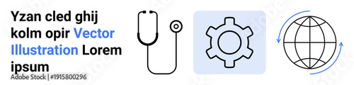 Stethoscope, gear icon, and globe with arrows in a clean layout. Ideal for healthcare, innovation, global strategy, technology, networking, education simple landing page