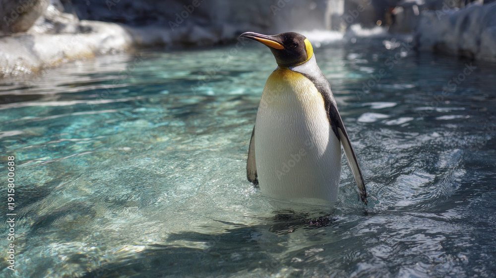 Fototapeta premium Emperor penguin standing on Antarctic ice with snowy landscape in natural light