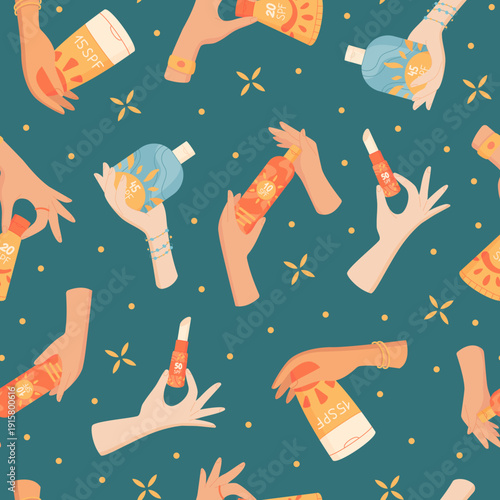 Flat seamless pattern with sunscreen bottle and tube shapes on background. Woman hand hold sunblock, lotion and spray. SPF sun care cosmetic, product for summer body skin, colorful ornament, beauty