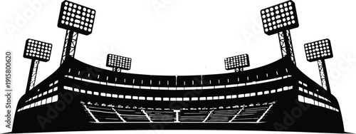 Vector illustration of a large stadium with multiple floodlights, rendered in a stark black silhouette, isolated on a transparent background, suitable for sports event branding or website UI.