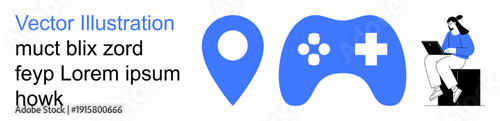 Gaming, technology, content creation, navigation tools, education, remote work. Blue location pin, game controller and user on laptop. Gaming and technology
