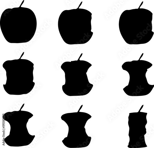 Conceptual Food Process Illustration Showing Apple Progressively Eaten to the Core on White Background for Nutrition and Diet Campaigns