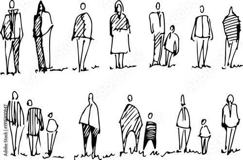 Contemporary line art drawing of diverse people group featuring various ethnic styles and fashion trends for modern branding kits