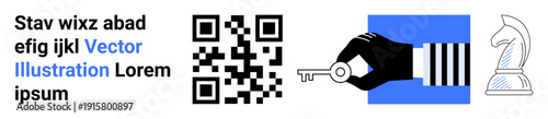 Digital security, data encryption, strategic planning, online access, cybersecurity, decision-making. A QR code, a hand holding a key and a knight chess piece. Digital security and data encryption