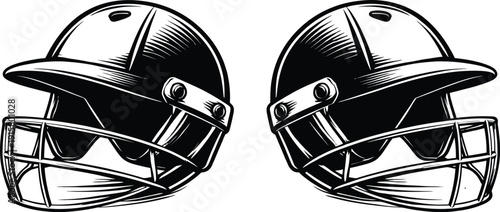 Vector illustration of two black and white cricket helmets with detailed cross-hatching texture, isolated on a transparent background, perfect for sports branding or team logos.