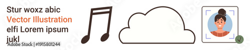 Music streaming, cloud storage, user identification, online profile, data sharing, digital creativity. Black musical note, cloud icon photo of a female in a profile framing box. Cloud storage