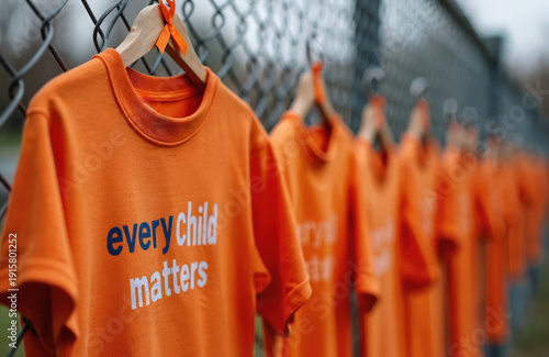 Orange shirts with every child matters text hang on fence. Silent protest shows solidarity for missing and murdered indigenous children. Remembering residential school survivors and their families.