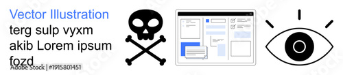 Security monitoring, data privacy, fraud prevention, piracy alerts, online activity tracking, web safety. Skull and crossbones, digital interface eye icon with attention lines. Security monitoring