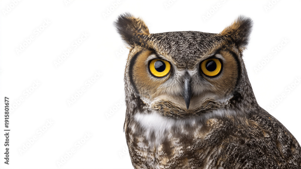Obraz premium Large owl with yellow eyes stares at the camera