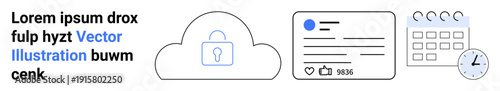 Data security, cloud technology, social media, planning tools, digital privacy, online management. Cloud with a lock, profile card calendar and clock. Data security and cloud usage concept