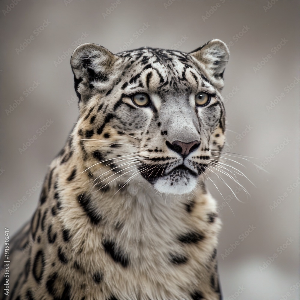 Fototapeta premium Beautiful snow leopard resting on a snowy cliff in the Himalayas
