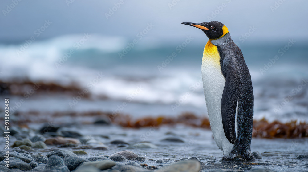 Fototapeta premium King penguin standing along the rocky Atlantic ocean coastline