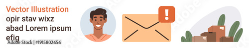 Communication, delivery service, logistics, notification systems, customer support, information exchange. A person next to an envelope with an alert icon and parcels. Communication and delivery