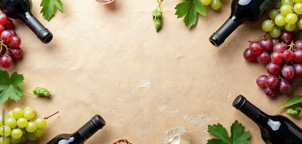 Fototapeta premium Dark wine bottles sit with ripe red and green grapes and leaves on a textured beige surface. An overhead view suggests a rustic winery or harvest celebration setting.