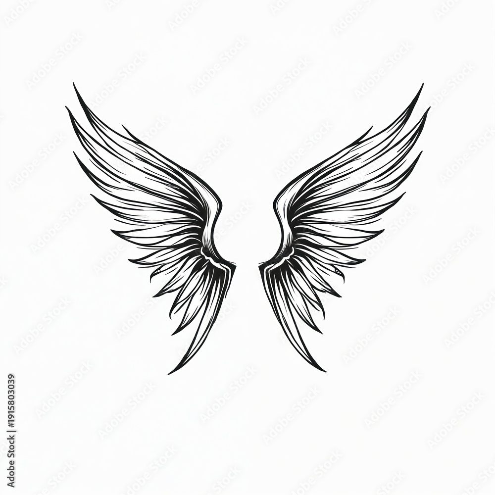 Obraz premium A pair of black outlined angel wings spread wide against a white background. These graphic wings symbolize freedom, inspiration, and spirituality. Good for tattoos or graphic design.