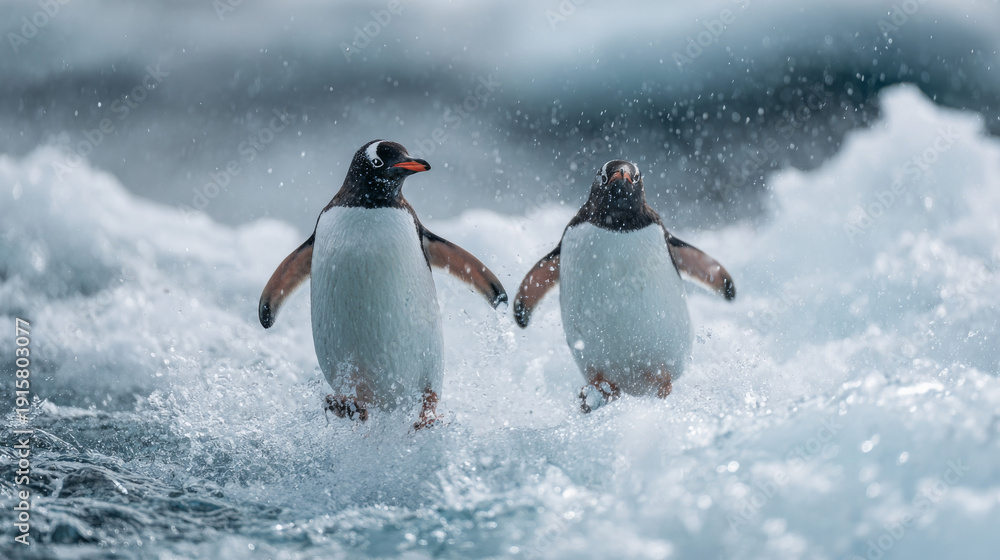 Fototapeta premium Pair of Gentoo penguins displaying territorial behavior on an iceberg in open sea
