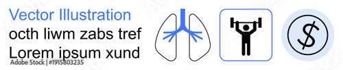 Fitness, health monitoring, financial planning, medical , personal goals, wealth management. Features lung diagram, weightlifting icon and dollar sign circle. Fitness and health monitoring theme