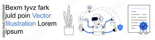 Automation, multitasking, digital tools, AI development, cybersecurity, education systems. Robot performing multiple tasks near shield and certificate. Automation and multitasking concept