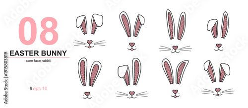 Easter bunny, cute rabbit doodle. Animal face, ears and whisker icon. Holiday spring hand drawn head hare, den set isolated on white background. Cartoon vector illustration