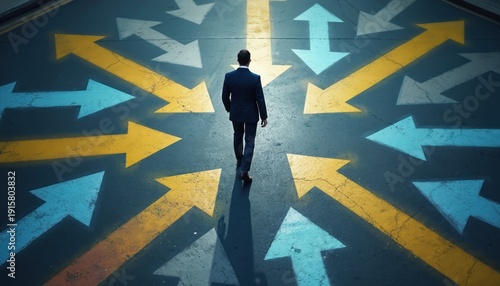 Man in suit walks at asphalt intersection marked with many arrows pointing in different directions. Businessman faces multiple paths, options, and choices for future journey.