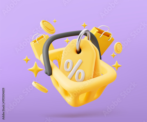 3D Vector basket and discount coupons with yellow shopping bag 
