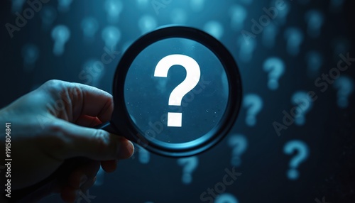 Hand holds magnifying glass over glowing question mark. Many fuzzy question marks appear on dark background. Concept of research mystery and finding solutions.