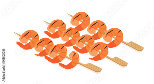 Multiple grilled shrimp skewers with flat wooden handles are arranged in rows, isolated on a clean white background.