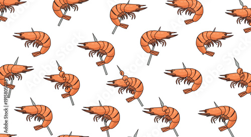 A repeating seamless pattern of single grilled shrimp on individual skewers is arranged on a clean white background.