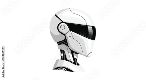 Robotic head in profile featuring a dark visor and sleek white and black armor plating on a simple white background.