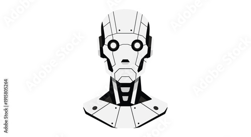 Frontal view of a futuristic robot bust, displaying intricate white and black mechanical details on a clean white background.