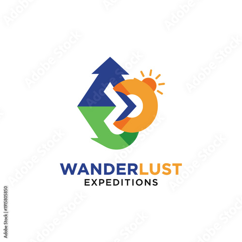 Wanderlust Expeditions Logo with Mountain and Sun Elements.