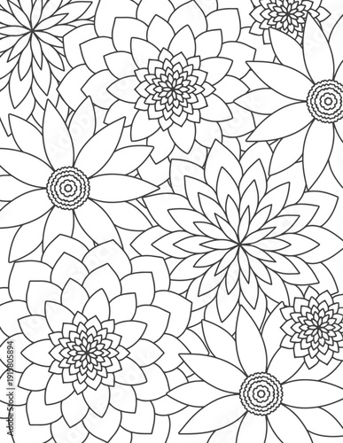 Abstract flowers coloring page for adults and children.