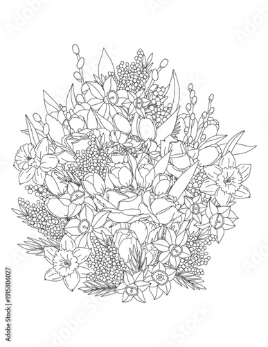 A coloring page for adults and children. A bouquet of spring flowers and leaves.