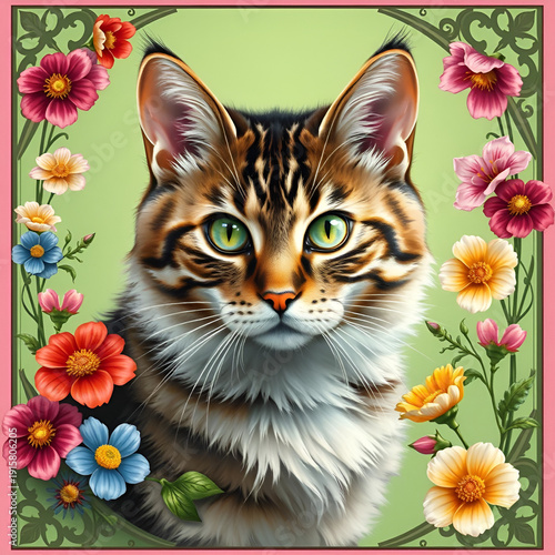 cat portrait with flowers
