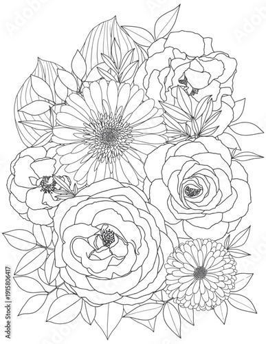 A coloring page for adults and children. A bouquet of flowers and leaves.