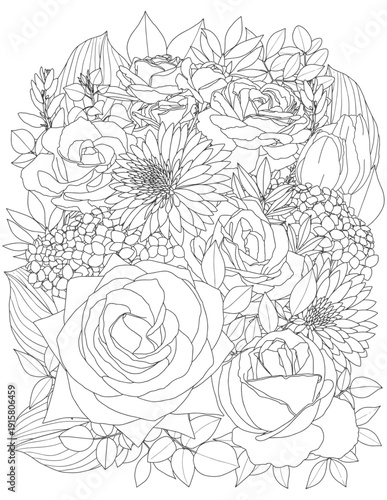 A coloring page for adults and children. A bouquet of flowers and leaves.