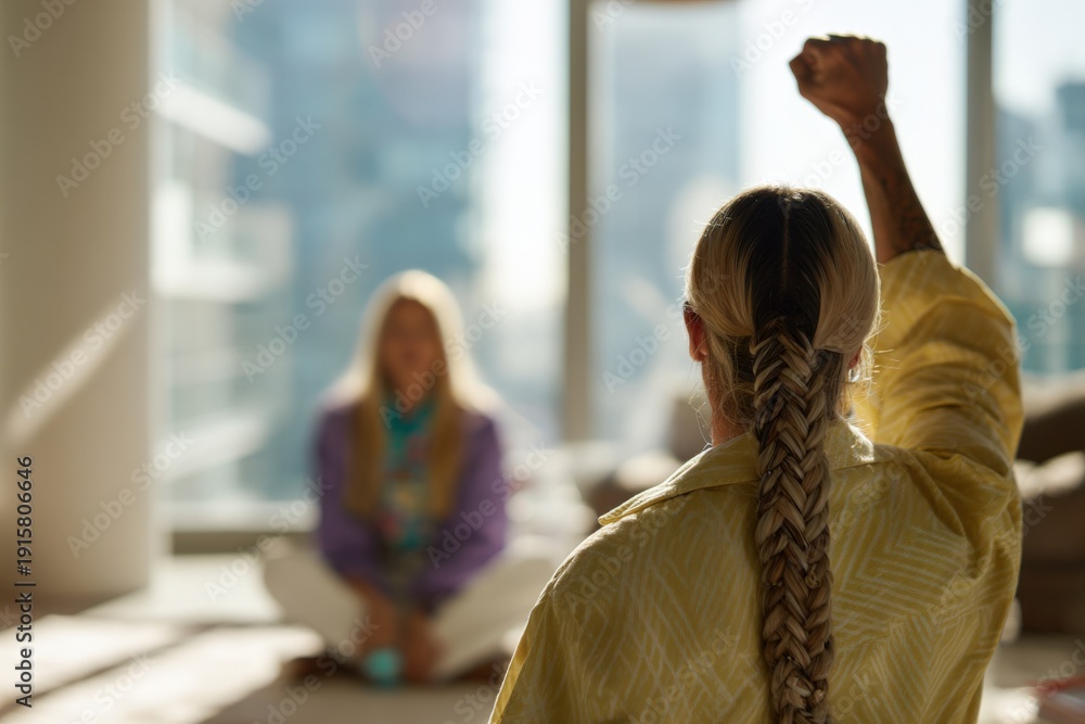 Obraz premium Caucasian females practicing meditation and yoga in sunlit urban apartment