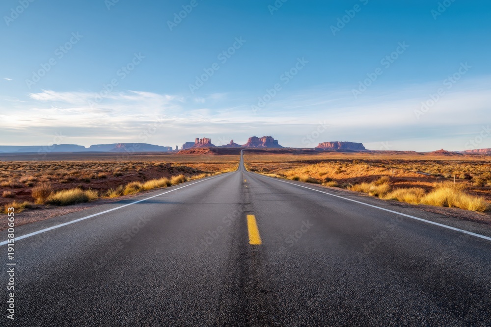 Obraz premium Open road stretching into vast desert landscape under clear blue sky