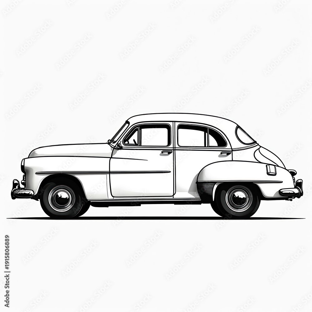 Obraz premium Minimalist white line art drawing of a vintage sedan. Classic automobile shown in profile. Retro vehicle outline is simple and clean. Old car design is elegant and timeless.